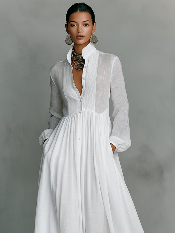Minimalistisches Patchwork-Maxikleid für Damen mit Stehkragen, Stehkragen und langen Ärmeln, einreihig geknöpft.