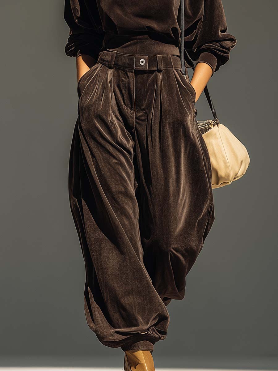 Retro Brauner Samt Hoodie und Entspannte Hose Set (Gürtel Inklusive)