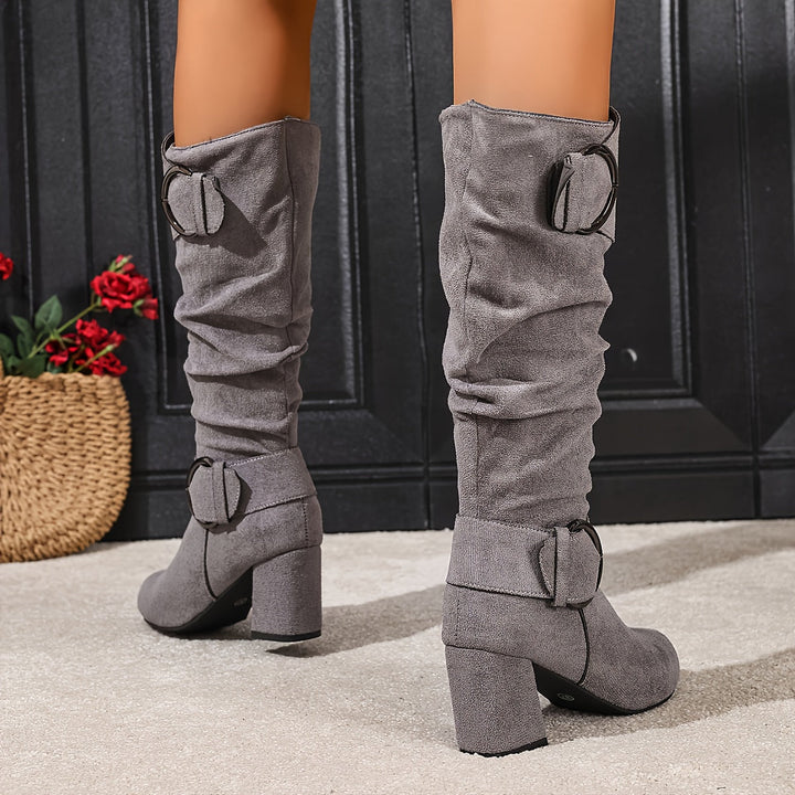 Hedvig | Women’s knee-high boots in reptile-effect leather with a block heel