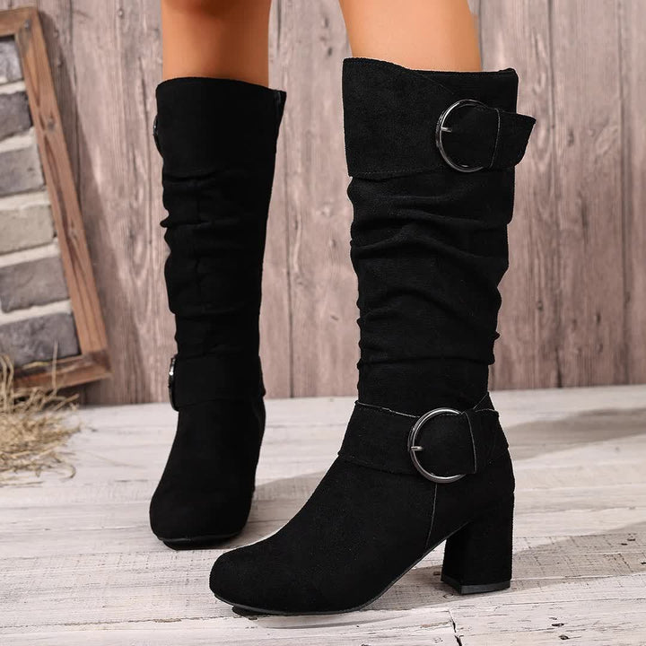 Hedvig | Women’s knee-high boots in reptile-effect leather with a block heel