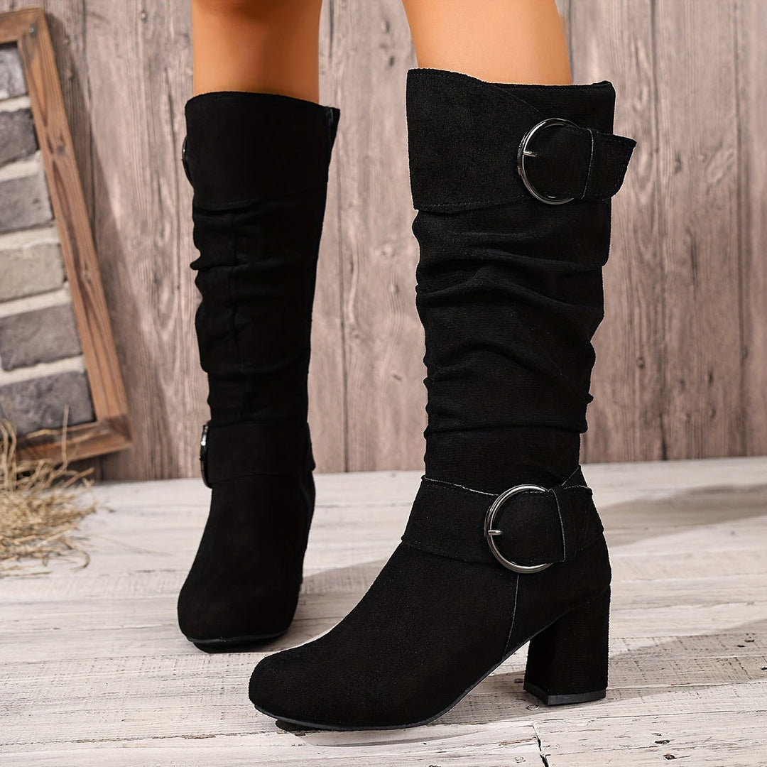Hedvig | Women’s knee-high boots in reptile-effect leather with a block heel