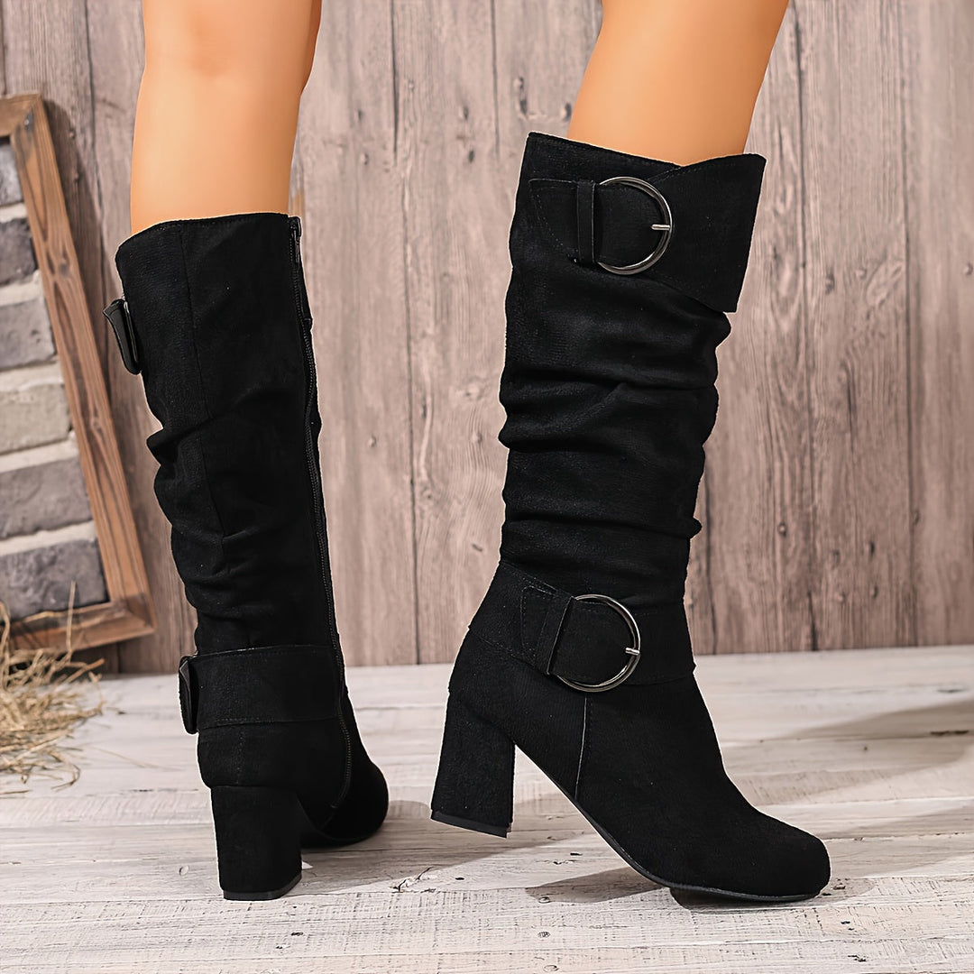 Hedvig | Women’s knee-high boots in reptile-effect leather with a block heel