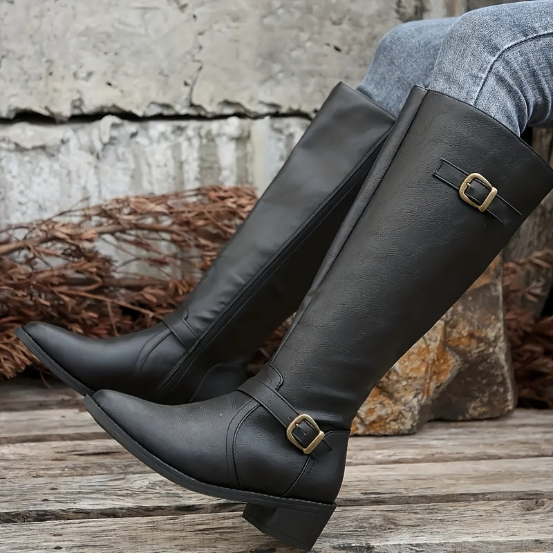 Calixta | Damen knielange Stiefel mit doppelten Schnallen