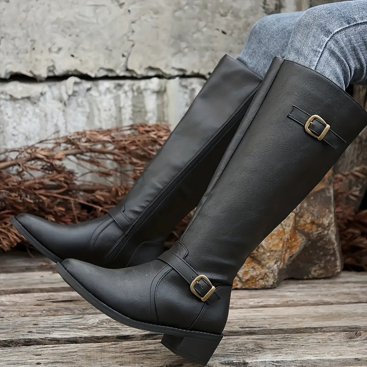 Calixta | Damen knielange Stiefel mit doppelten Schnallen