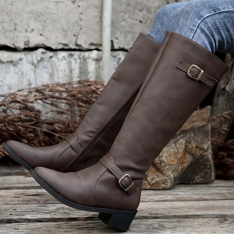 Calixta | Damen knielange Stiefel mit doppelten Schnallen