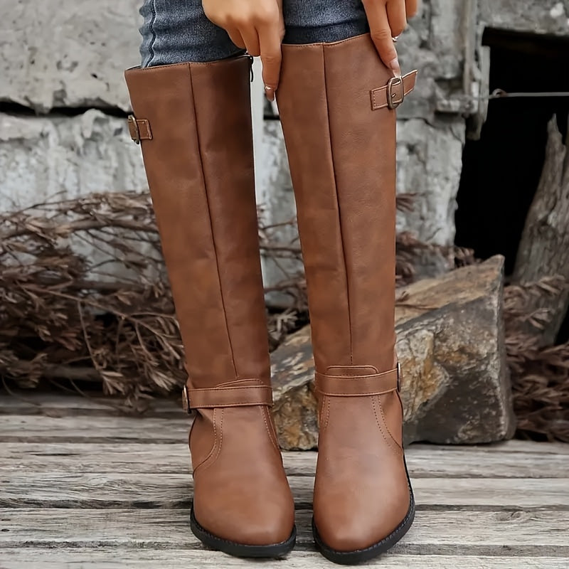 Calixta | Damen knielange Stiefel mit doppelten Schnallen