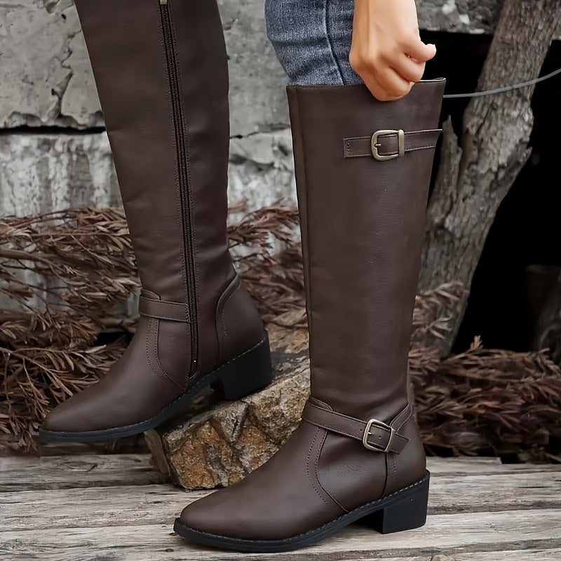 Calixta | Damen knielange Stiefel mit doppelten Schnallen