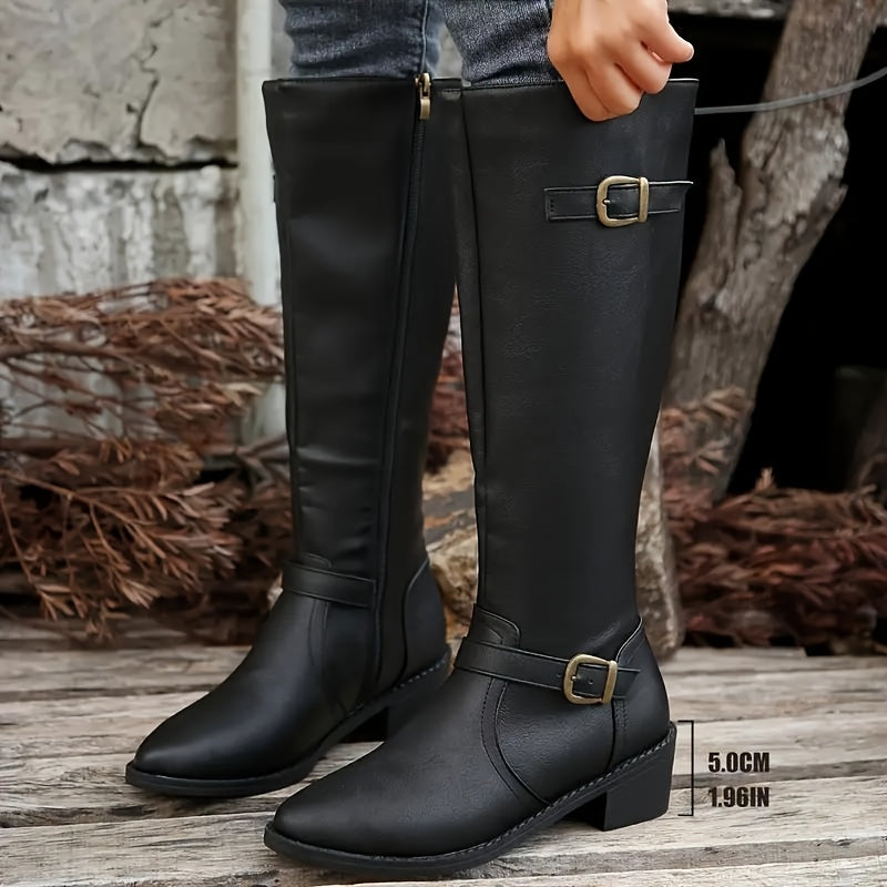 Calixta | Damen knielange Stiefel mit doppelten Schnallen