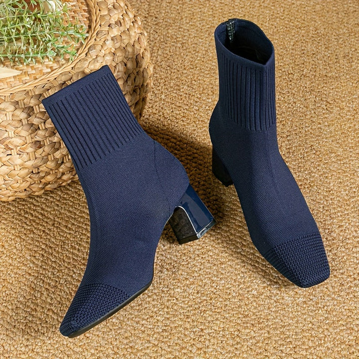 Kindra | Damen Strick-Ankle-Boot mit Blockabsatz und quadratischer Zehenform