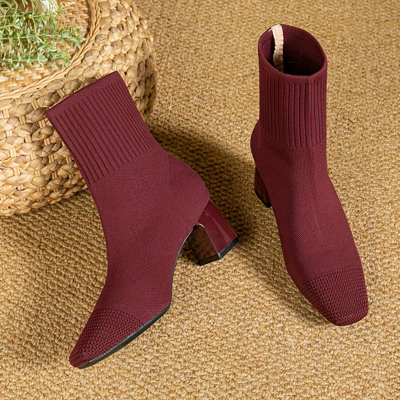 Kindra | Damen Strick-Ankle-Boot mit Blockabsatz und quadratischer Zehenform