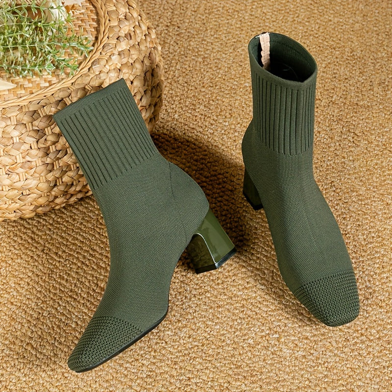 Kindra | Damen Strick-Ankle-Boot mit Blockabsatz und quadratischer Zehenform