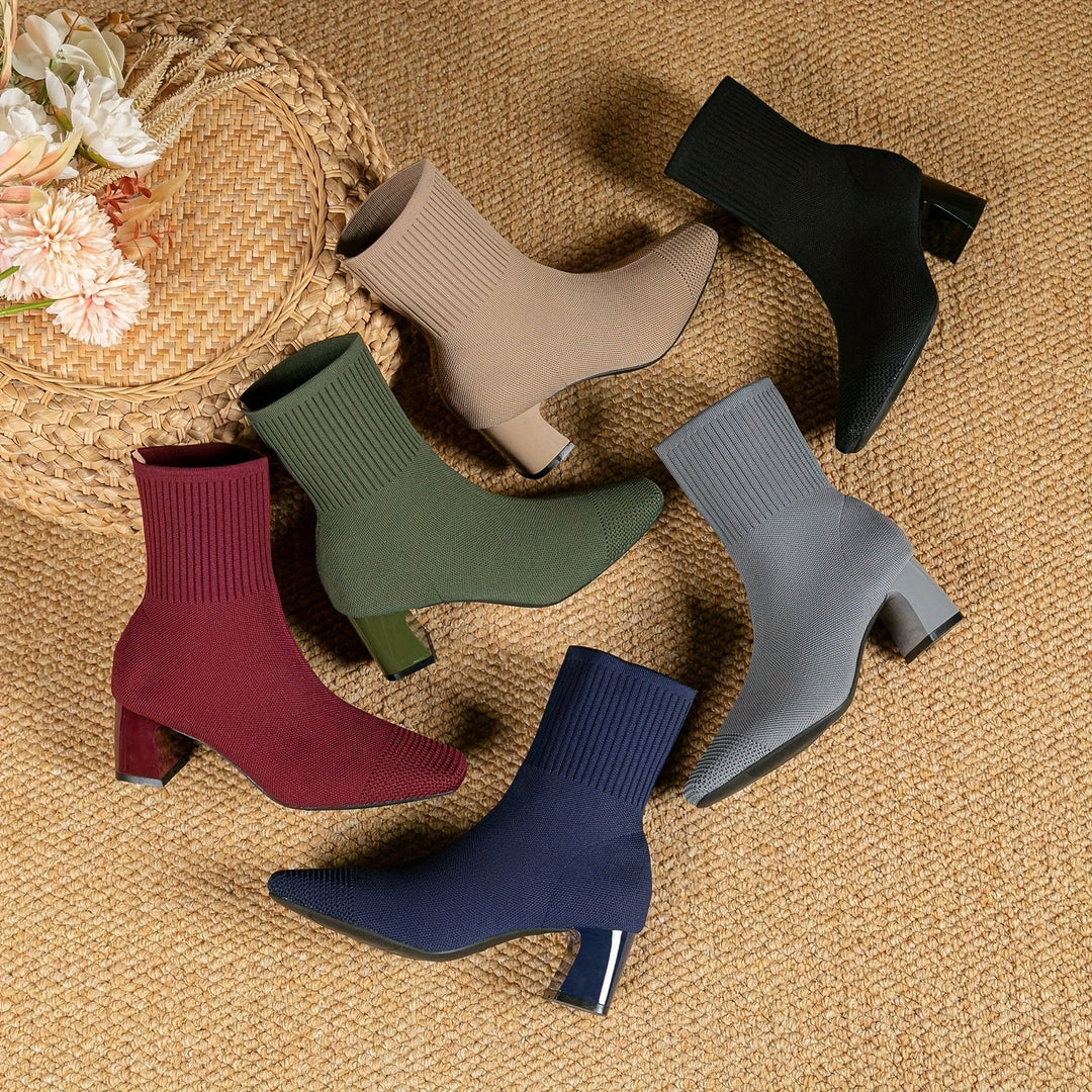 Kindra | Damen Strick-Ankle-Boot mit Blockabsatz und quadratischer Zehenform
