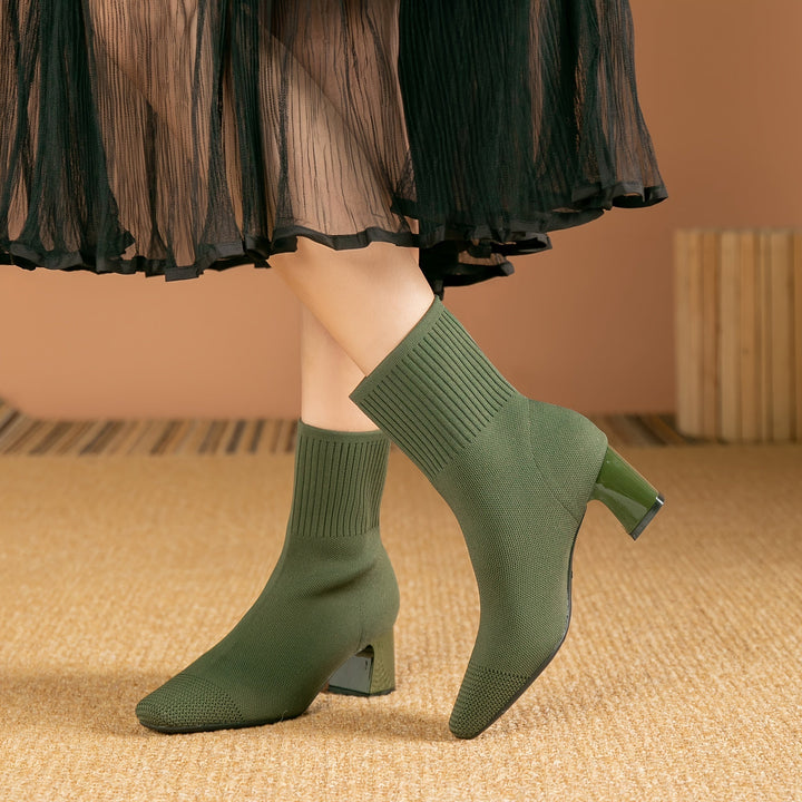 Kindra | Damen Strick-Ankle-Boot mit Blockabsatz und quadratischer Zehenform