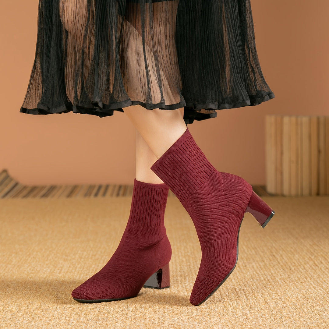 Kindra | Damen Strick-Ankle-Boot mit Blockabsatz und quadratischer Zehenform