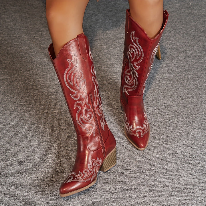 Brecken | Damen Western Cowboy Stiefel mit weitem Schaft und Reißverschluss