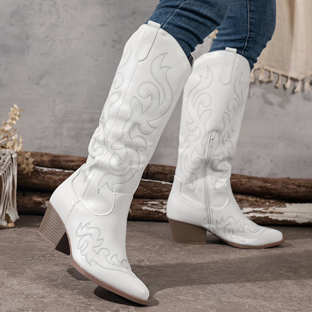 Brecken | Damen Western Cowboy Stiefel mit weitem Schaft und Reißverschluss