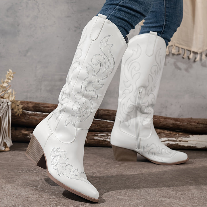Brecken | Damen Western Cowboy Stiefel mit weitem Schaft und Reißverschluss