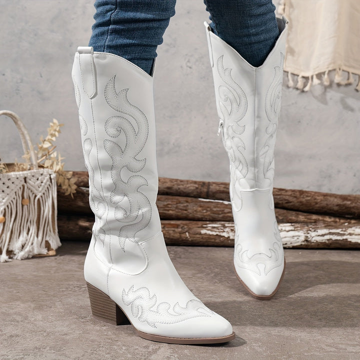 Brecken | Damen Western Cowboy Stiefel mit weitem Schaft und Reißverschluss