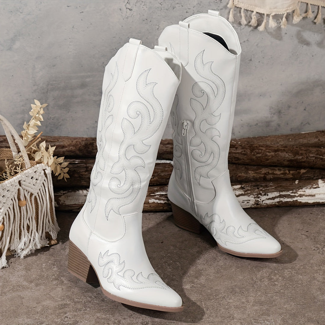 Brecken | Damen Western Cowboy Stiefel mit weitem Schaft und Reißverschluss