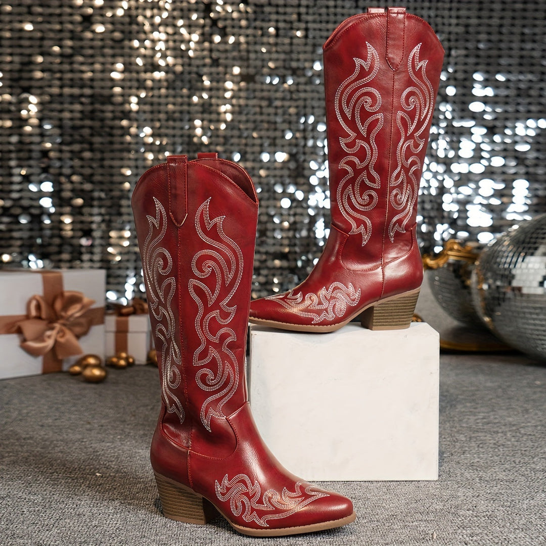 Brecken | Damen Western Cowboy Stiefel mit weitem Schaft und Reißverschluss