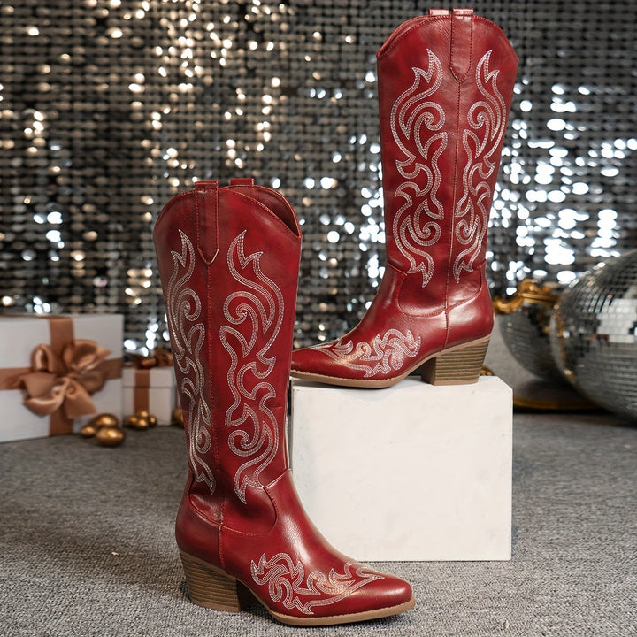 Brecken | Damen Western Cowboy Stiefel mit weitem Schaft und Reißverschluss