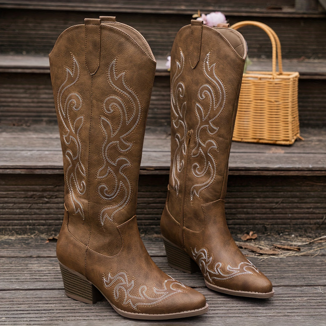 Brecken | Damen Western Cowboy Stiefel mit weitem Schaft und Reißverschluss
