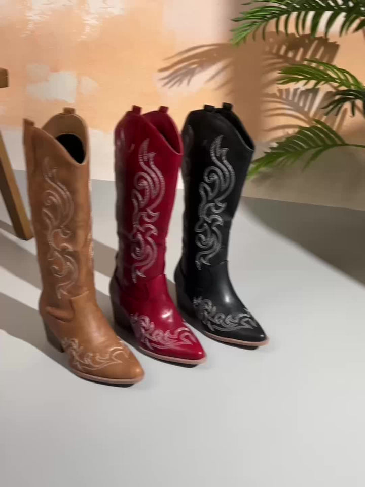 Brecken | Damen Western Cowboy Stiefel mit weitem Schaft und Reißverschluss