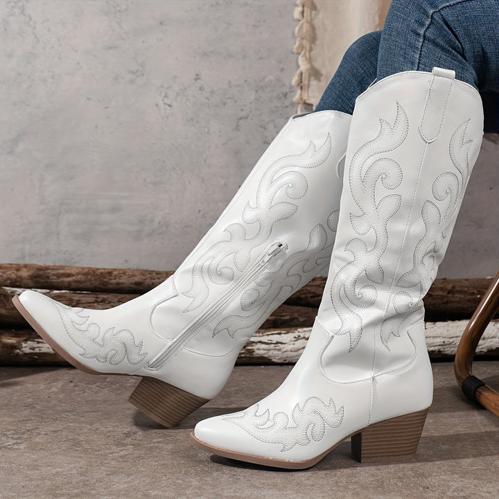 Brecken | Damen Western Cowboy Stiefel mit weitem Schaft und Reißverschluss