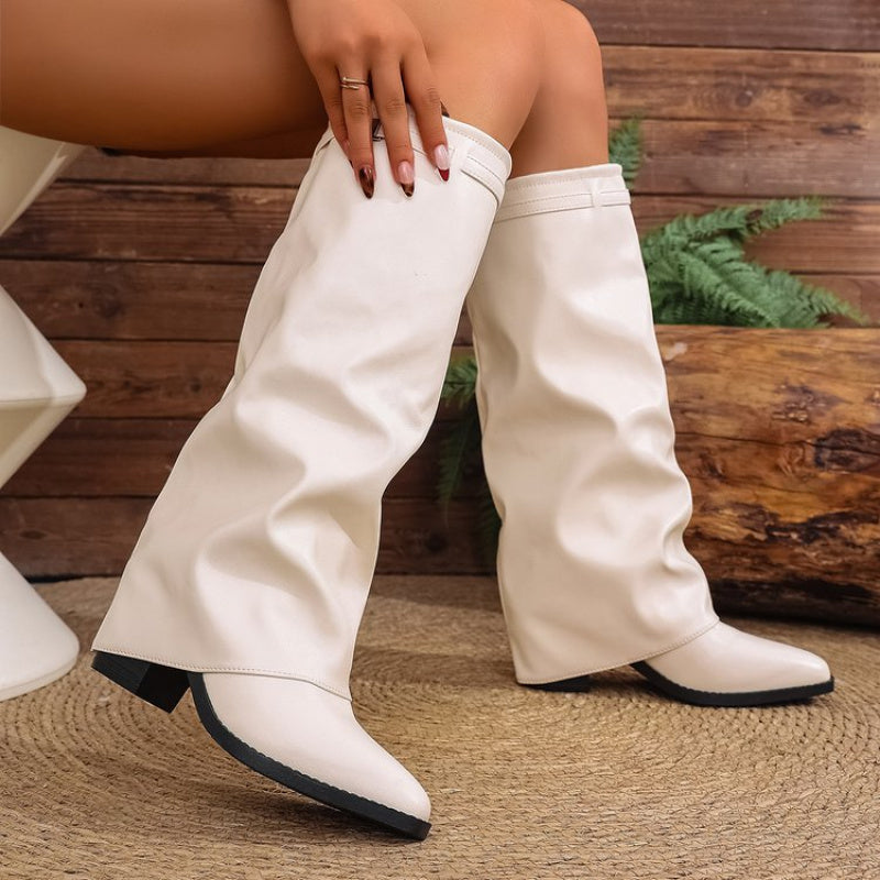 Odette | Damen knielange Schlupfstiefel mit Spitzennase und metallischem Detail