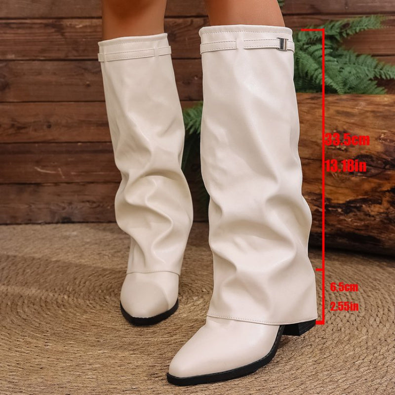 Odette | Damen knielange Schlupfstiefel mit Spitzennase und metallischem Detail