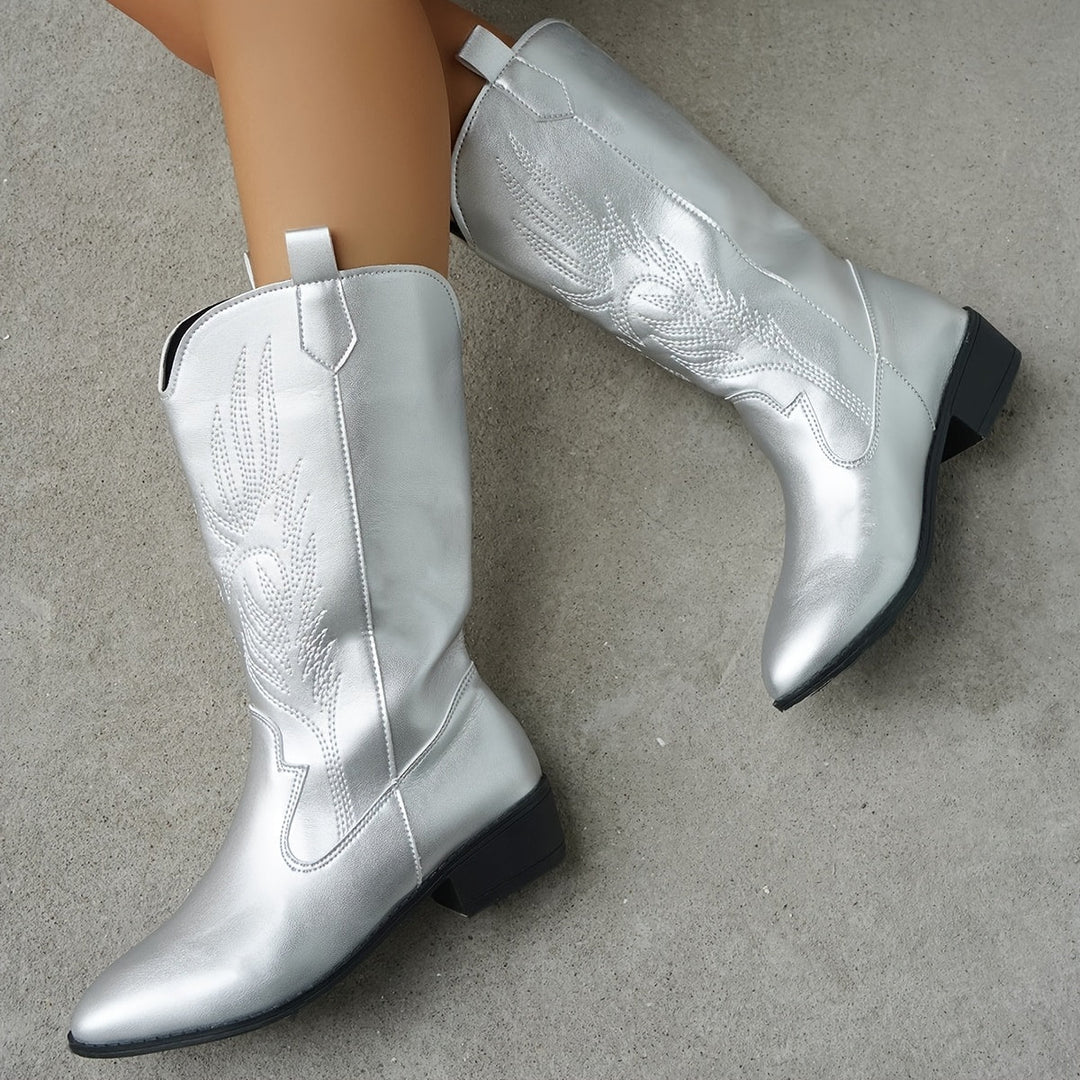Brenley | Damen Western Cowboy Stiefel mit weitem Schaft und besticktem Schaft