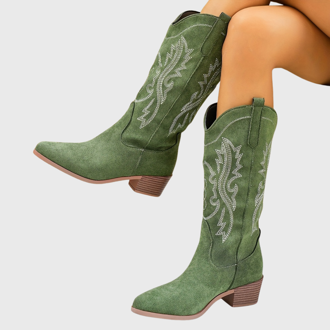 Cambria | Damen Western Cowboy Stiefel mit weitem Schaft und Blockabsatz
