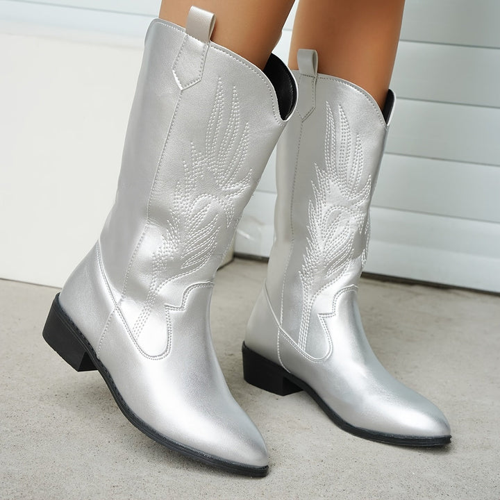 Brenley | Damen Western Cowboy Stiefel mit weitem Schaft und besticktem Schaft