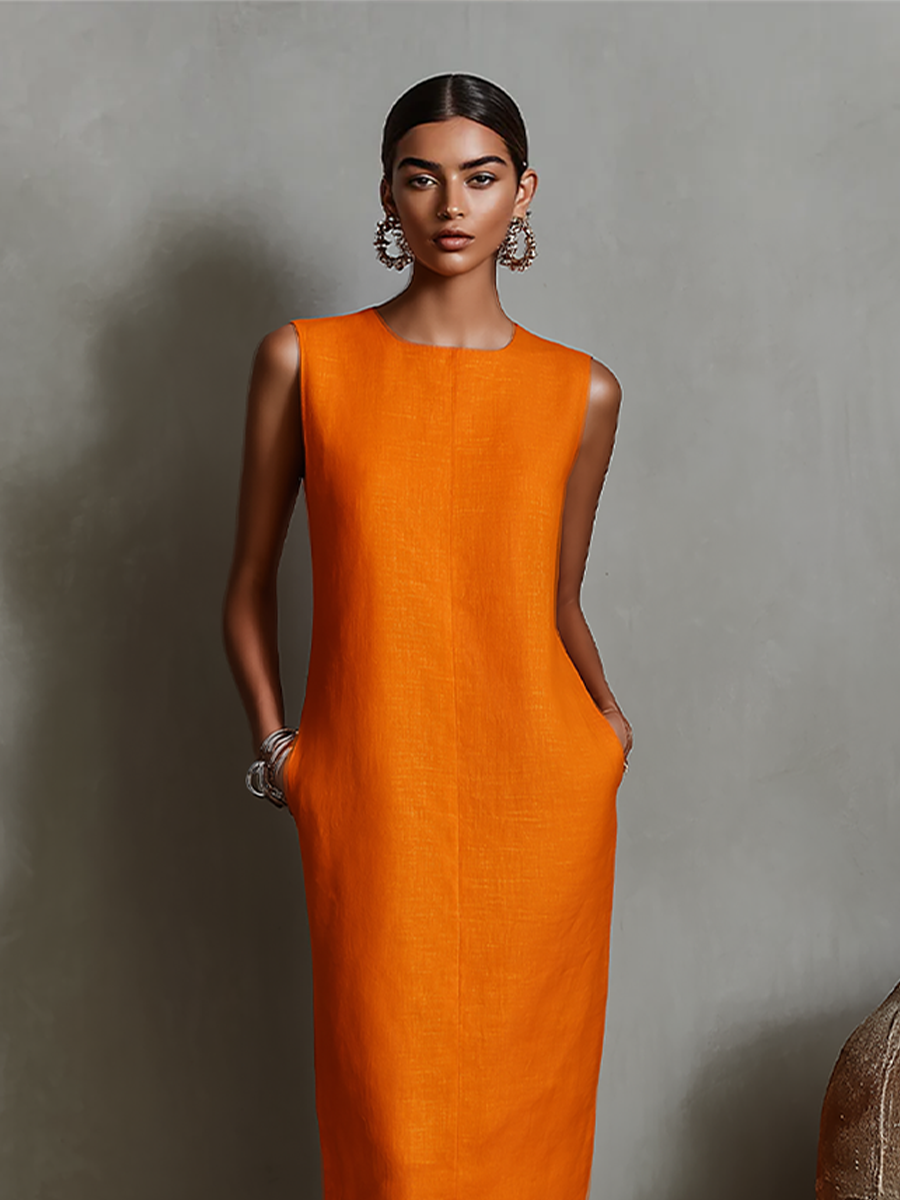 Orangefarbenes Etuikleid für Damen mit ärmellosem Rundhalsausschnitt und Seitentaschen, zeitlos minimalistisch-eleganter Stil