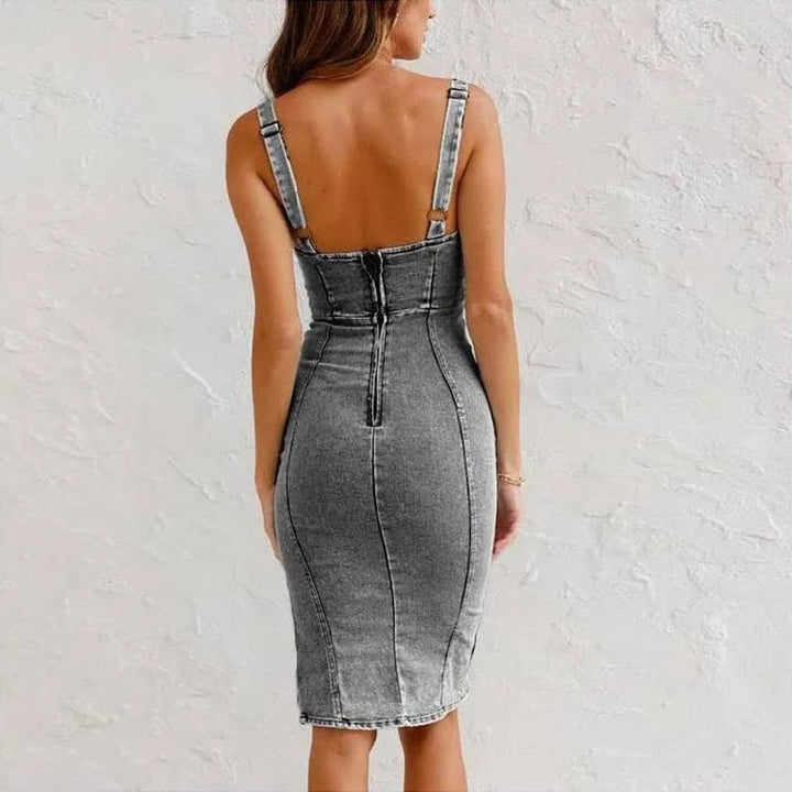 Maßgeschneidertes Denim-Kleid mit verstellbarem Gürtel und U-Ausschnitt