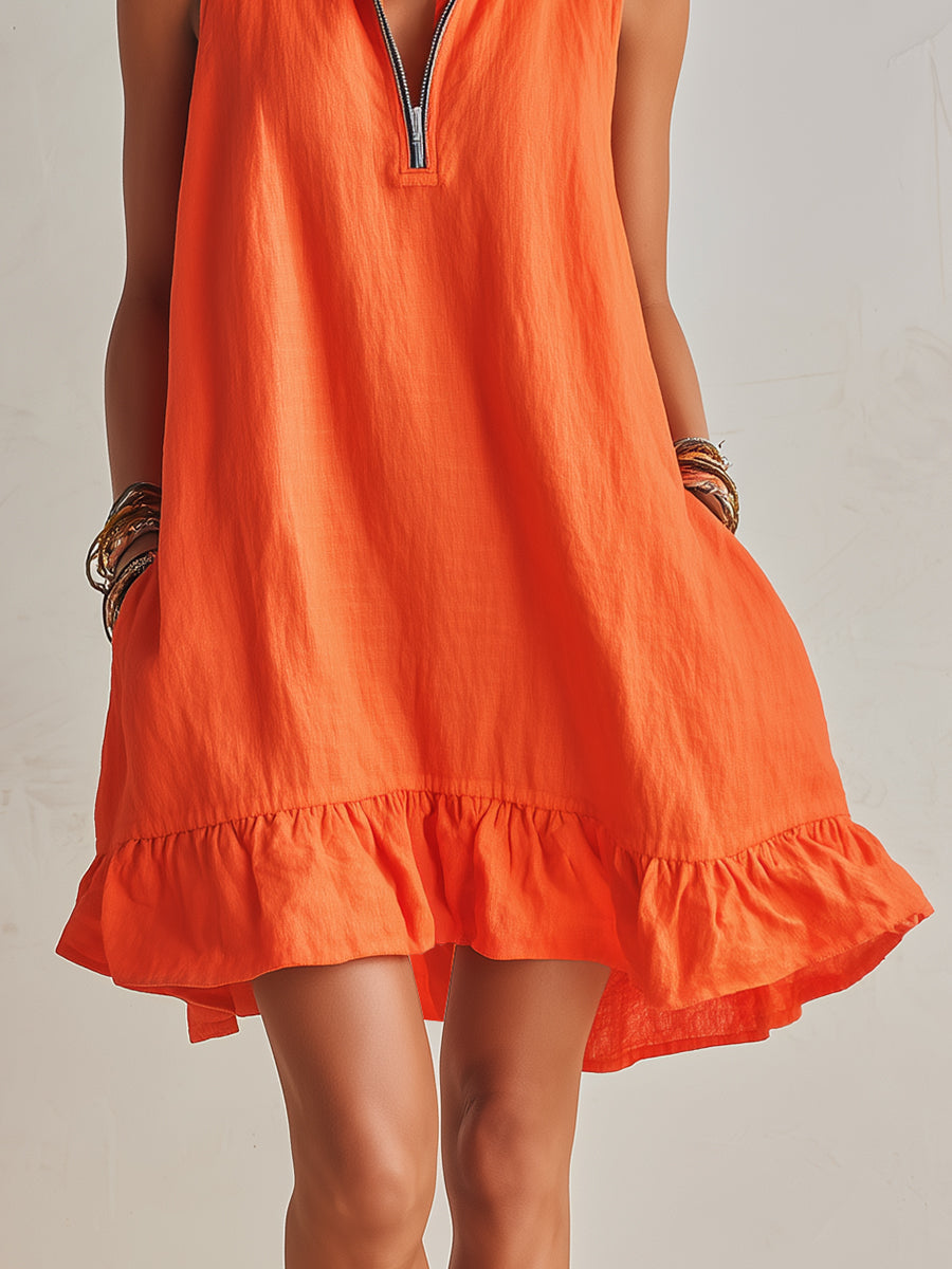 Helles Orange Leinen Halb-Reißverschluss Mini-Kleid mit Rüschensaum und Stehkragen