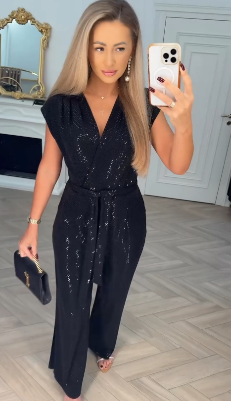 Pailletten-Einfarbiger Jumpsuit mit Bindungsdetail