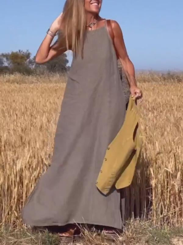 Lässiges langes Kleid aus Baumwolle und Leinen für Damen