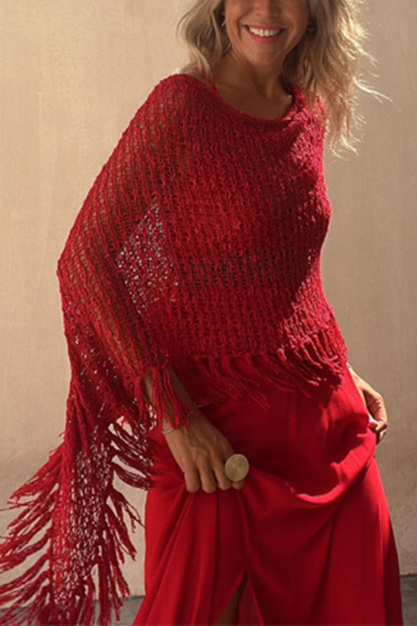 Sonnenuntergang Brise Quasten Strick Cover-Up mit Ausschnitt-Design