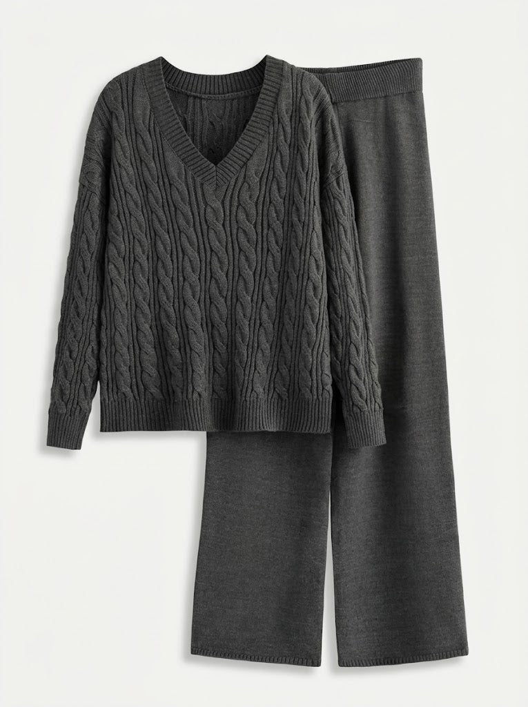 Completo da donna a due pezzi, scollo a V e maniche lunghe