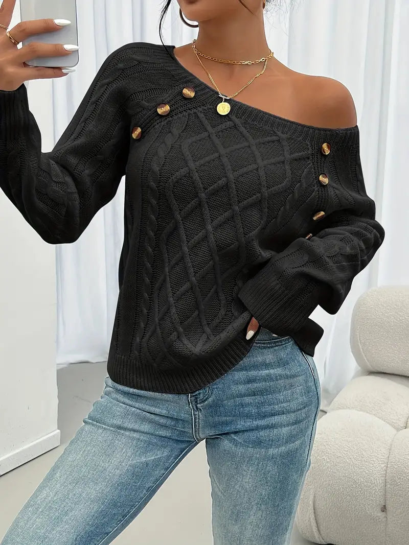Lina - Langärmeliger Pullover Mit Zopfmuster, Lässiger Pullover Mit Rundhalsausschnitt