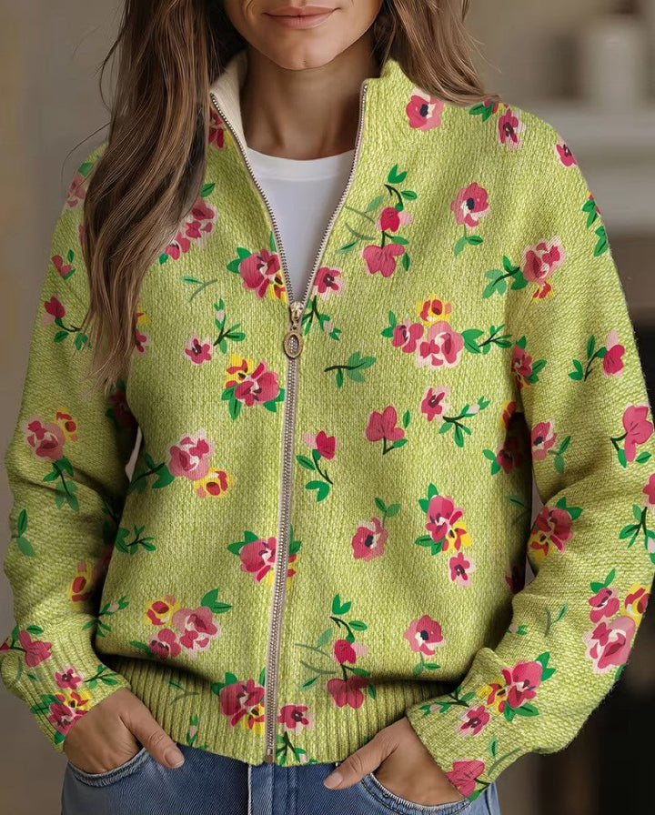 Constance | Damen Strickjacke mit Blumenmuster und Reißverschluss