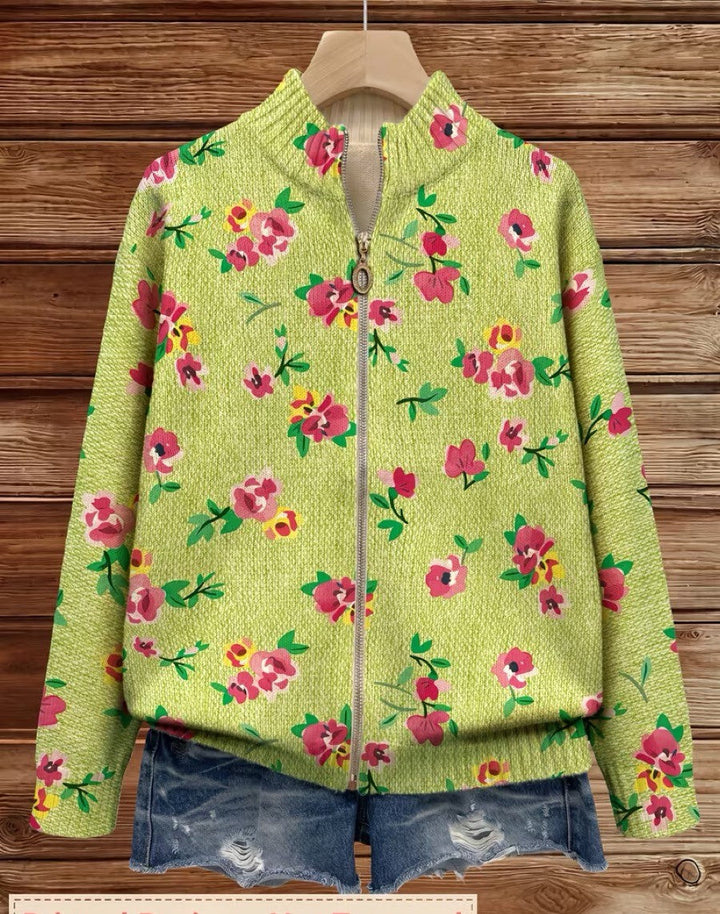Constance | Damen Strickjacke mit Blumenmuster und Reißverschluss
