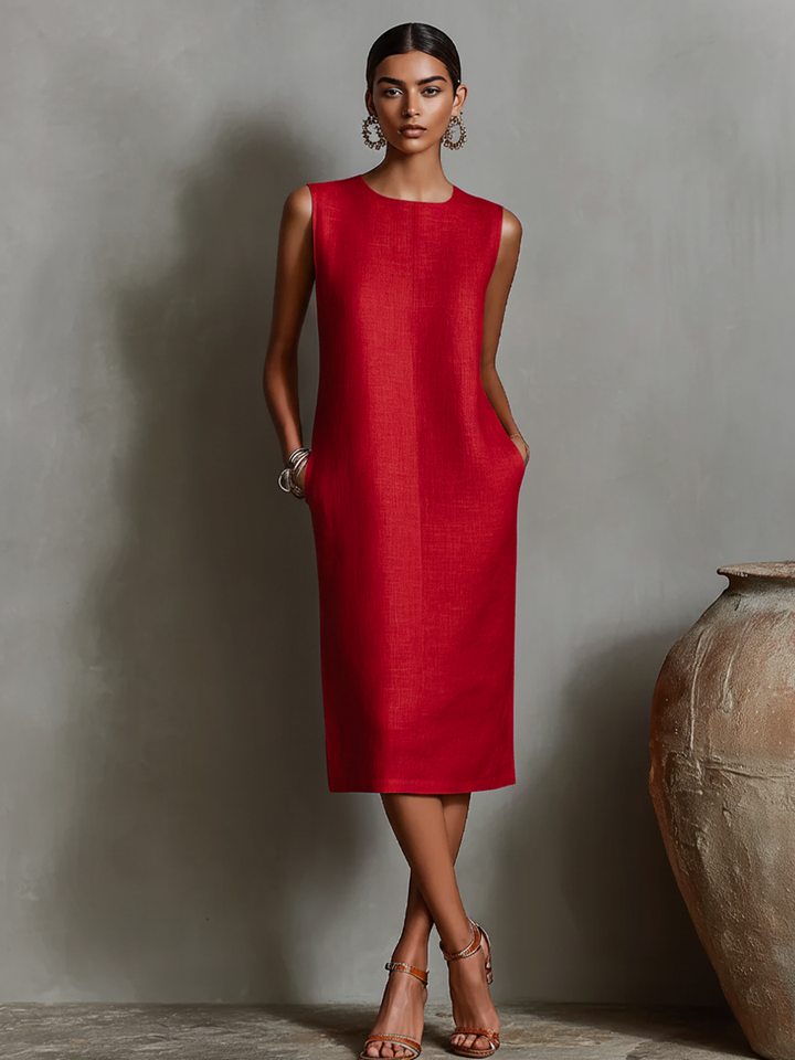 Orangefarbenes Etuikleid für Damen mit ärmellosem Rundhalsausschnitt und Seitentaschen, zeitlos minimalistisch-eleganter Stil