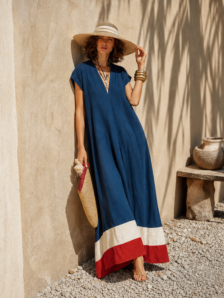 Damen Maxikleid mit V-Ausschnitt und kurzen Ärmeln