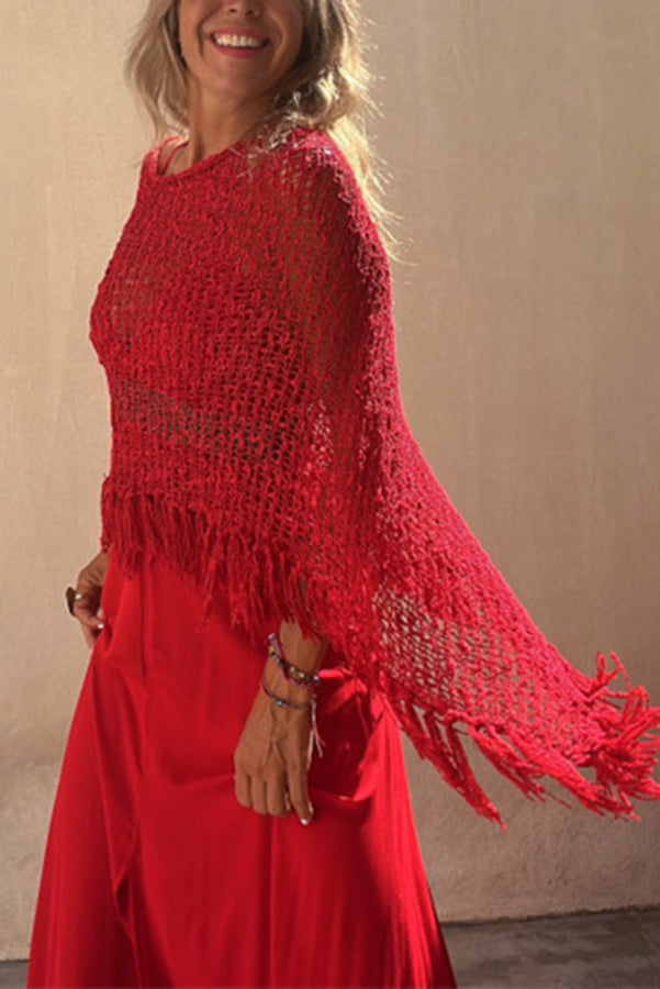 Sonnenuntergang Brise Quasten Strick Cover-Up mit Ausschnitt-Design