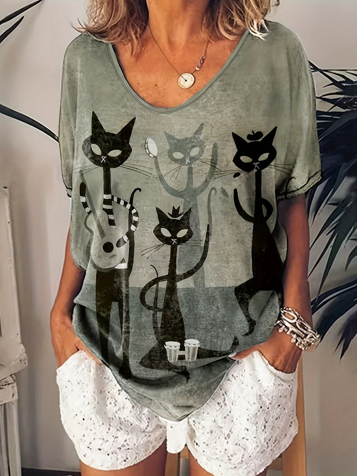 Sue™ - Lässiges T-Shirt mit Katzenmotiv