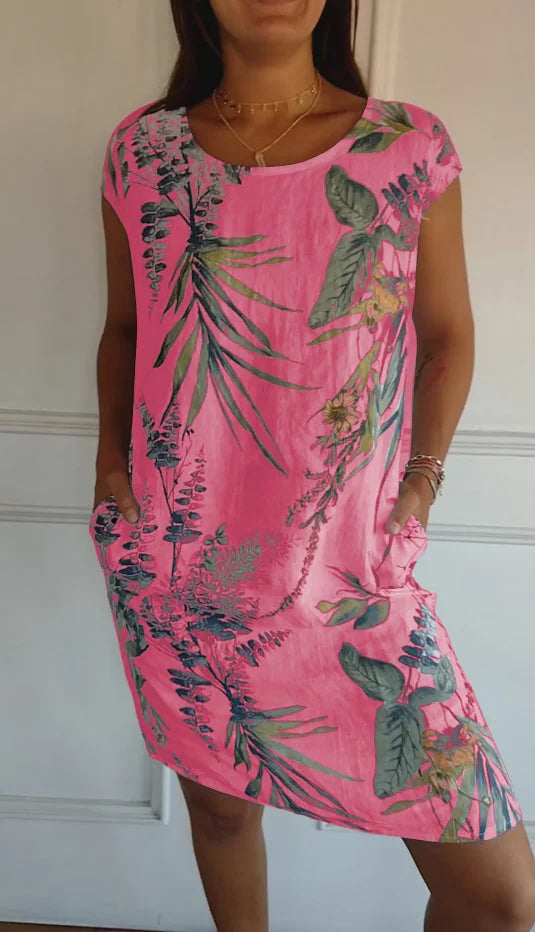 Damen Baumwolle Leinen Bedrucktes Sommerkleid mit Taschen
