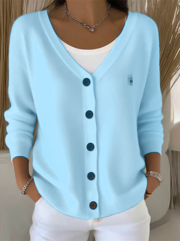 Olivia™ - Langarm V-Ausschnitt Knopf Pullover