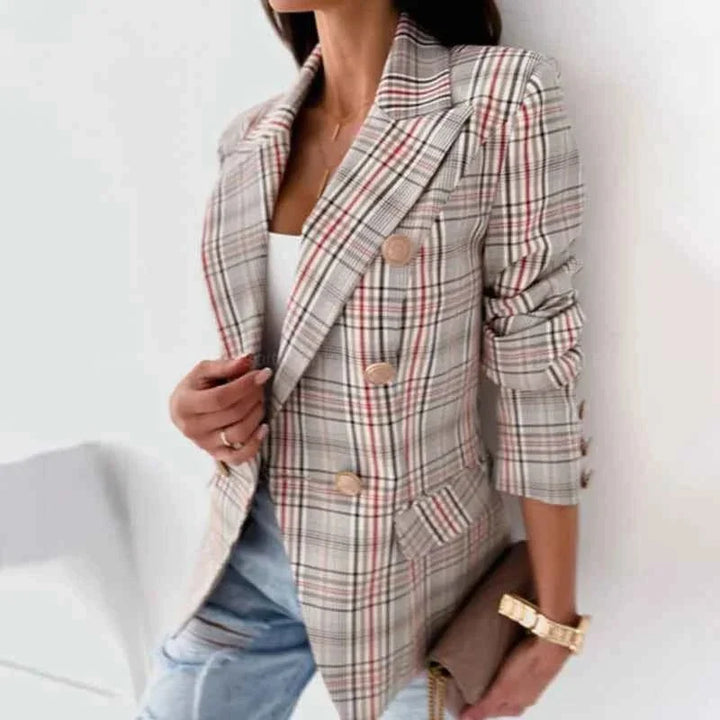 Damen karierter Blazer mit Knöpfen, Langarm